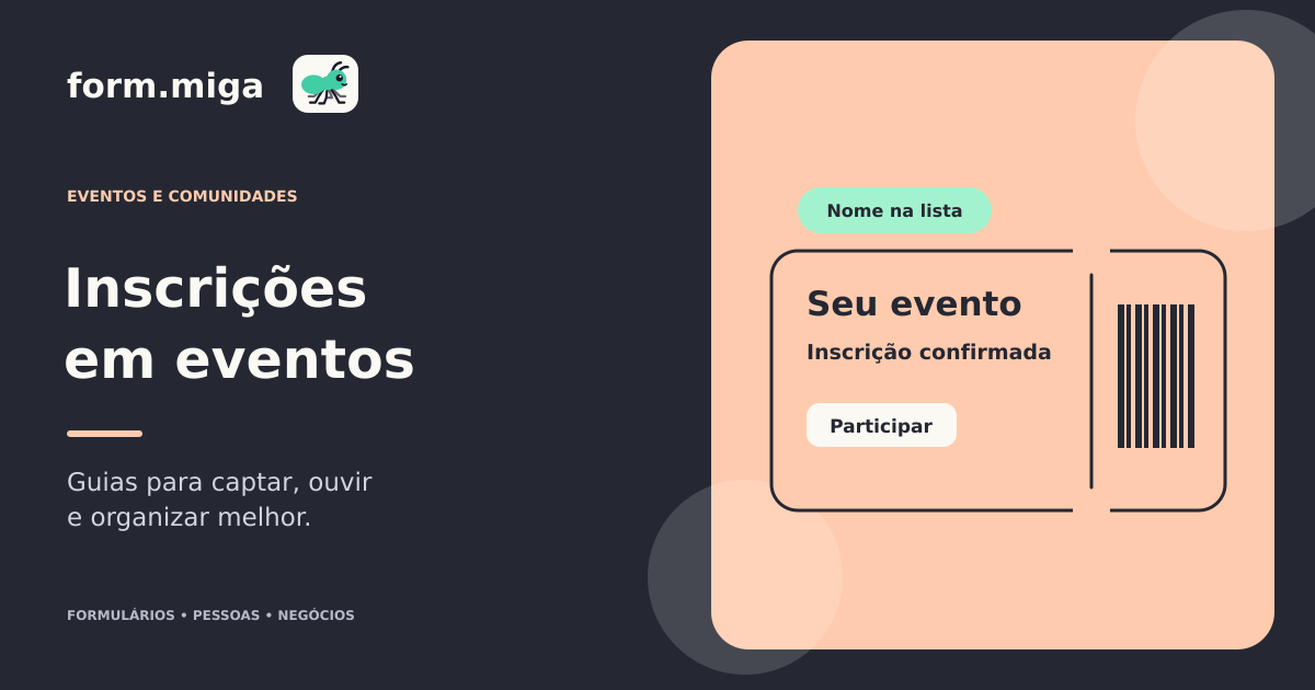 Ilustração de inscrições em evento, cartões de participantes e uma lista organizada para recepção.